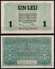 Romania 1917, 1 LEU BGA Banca Generala Romana, WWI, Ocupatia Germana, P#M3, UNC! foto