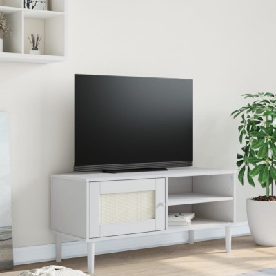 vidaXL Comodă TV SENJA aspect ratan alb, 106x40x49 cm, lemn masiv pin 358041 foto