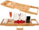 Raft de cadă din bambus ecologic ModernHome, suport extensibil 75-112 cm, organizator accesorii baie