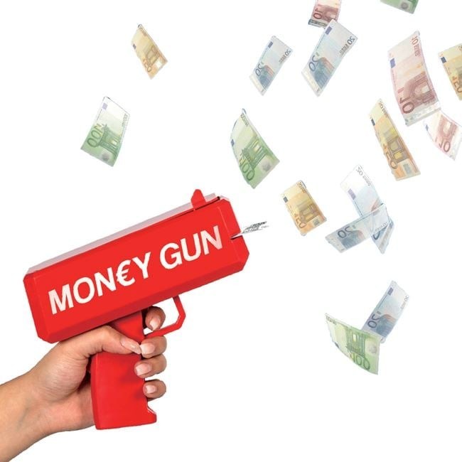 Pistol lansator de bancnote Jumbo, gadget distractiv, culoare roșie, ușor de utilizat