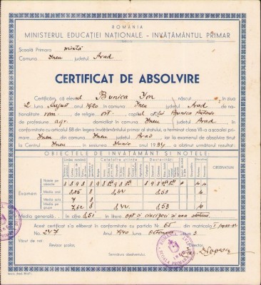 A536 Certificat de absolvire a 7 clase, 1940, Ineu, județul Arad foto