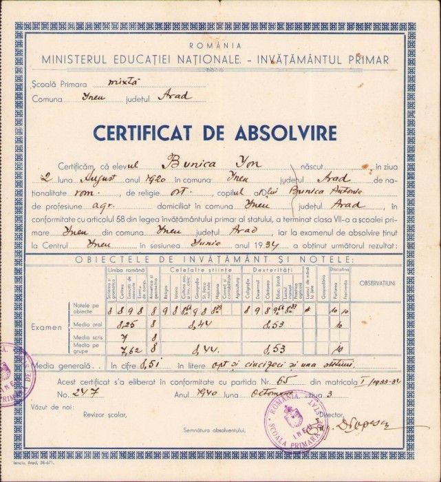 A536 Certificat de absolvire a 7 clase, 1940, Ineu, județul Arad
