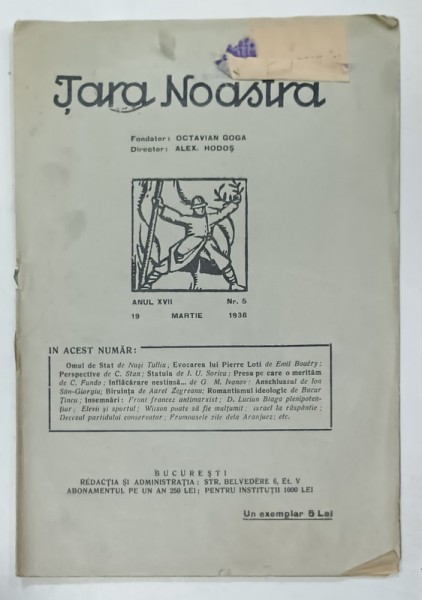 TARA NOASTRA , REVISTA , FONDATOR : OCTAVIAN GOGA , NR. 5 , 1938