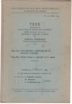Universitatea Bucuresti - Teza doctorat chimie Simion Popescu (1935) foto