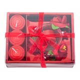 Set 4 lumanari cu vas si flori, forma cadou, rosu, 12x15 cm, Oem