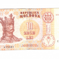 Bancnota Moldova 10 lei 2015, circulati, stare relativ buna