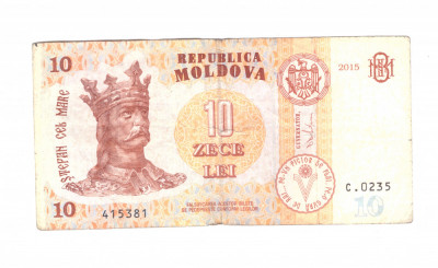 Bancnota Moldova 10 lei 2015, circulati, stare relativ buna foto