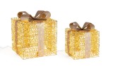 Set 2 decoratiuni Craciun Cadouri metal polipropilena aurie 1560 microleduri S: 30x30x36h L: 40x40x47h