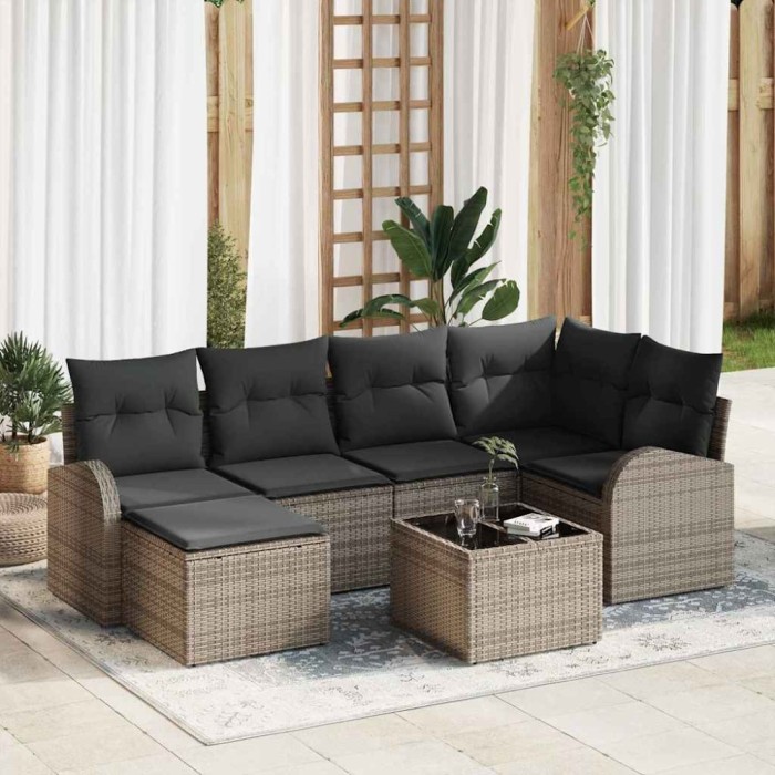 vidaXL Set de canapele pentru grădină cu pernă 7 pcs Gri Rattan poli