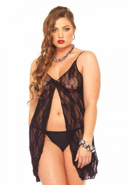 Babydoll Sexy Din Dantela Rose, Negru, Plus Size