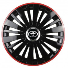 Set 4 capace roti Red/Black cu inel cromat pentru gama auto Toyota, R16