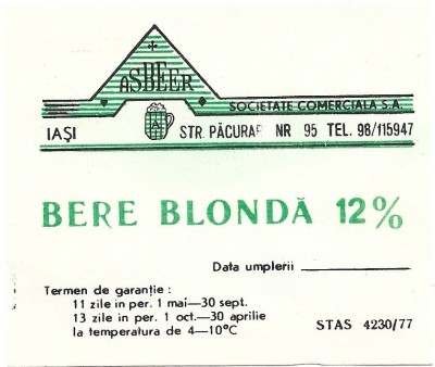 NI407 Etichetă bere blondă Iași, Asbeer Societate comercială SA, &amp;icirc;nceputul anilor 1990 foto