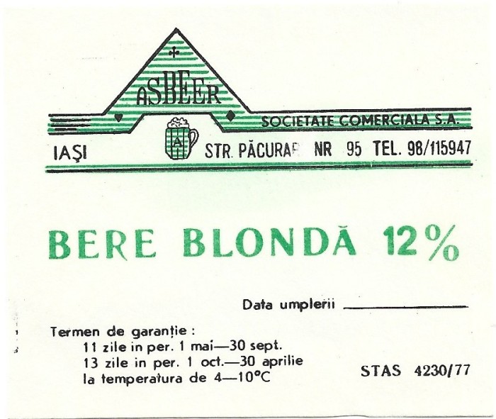 NI407 Etichetă bere blondă Iași, Asbeer Societate comercială SA, &icirc;nceputul anilor 1990