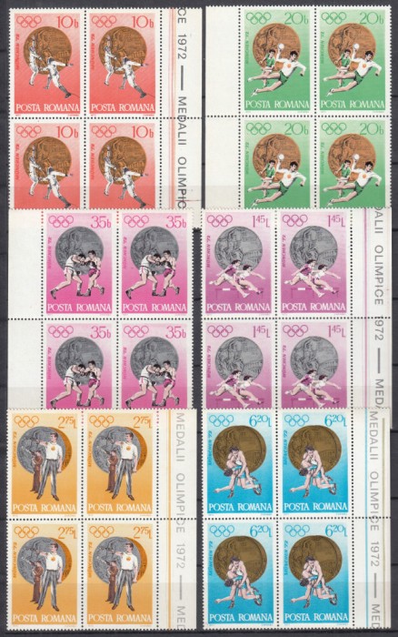 ROMANIA 1972 LP 805 J.O. VARA MUNCHEN MEDALII OLIMPICE BLOCURI 4 TIMBRE MNH
