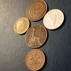 Lot 5 monede diferite, One 1 Penny 1901 1922 , 2 dinara 1938, 5 lire 1950 [poze]