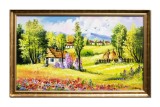 Cumpara ieftin Tablou inramat peisaj rural cu case si capite de fan pictat manual, Colt de rai, 110x70cm ulei pe panza Constantin Feraru