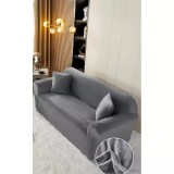 Cumpara ieftin Husa Elastica din Catifea pentru Canapea 3 Locuri + Fata de Perna, Gri Inchis- JOJ110