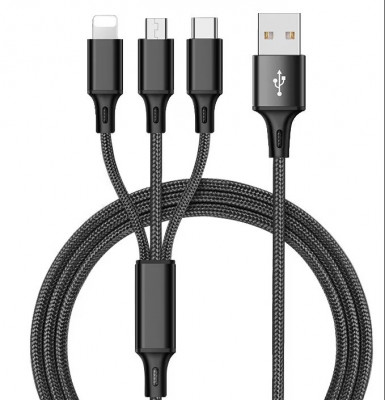 Cablu pentru incarcare eLIVE 3 in 1, MicroUSB, Type-c, Lightning, 1,2m foto