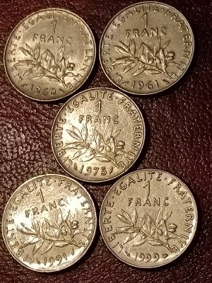 Lot 5 monede Franta: 1 franc 1960 + 1961 + 1975 + 1991 + 1999, UNC + Luciu [poze]. Discount conform descriere[10 - 20 %. Vezi descrierea.]. foto