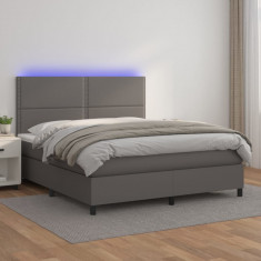 vidaXL Pat cu arcuri, saltea și LED, gri, 160x200 cm, piele ecologică