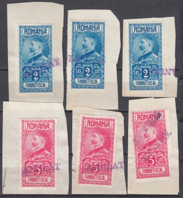 ROMANIA 1927 REGELE FERDINAND EFIGIA IN CERC CU SUPRATIPAR ANULAT LOT TIMBRE FISCALE foto