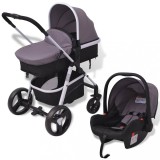 Cărucior Copii 3 &icirc;n 1 vidaXL, Gri/Negru, Aluminiu, Pliabil, Scaun Auto Inclus, 0-3 Ani, 22kg