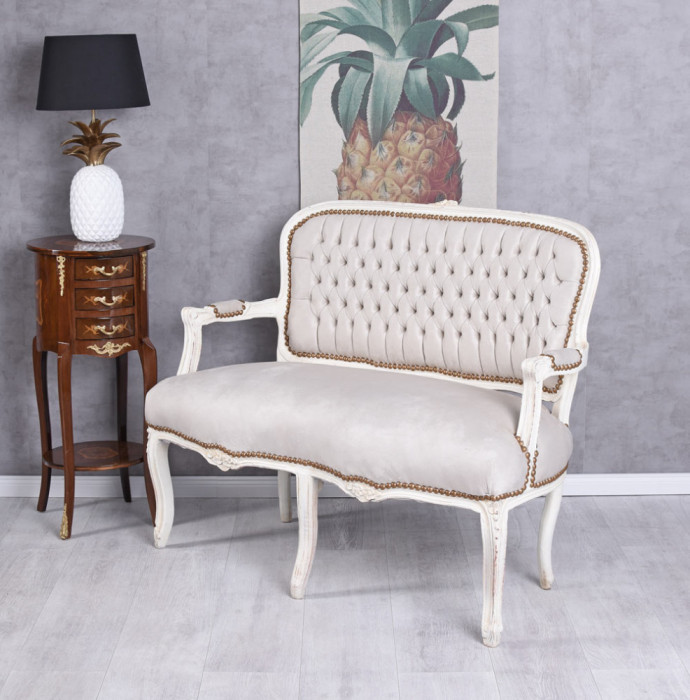 Sofa baroc din lemn masiv alb cu tapiterie din catifea grej CAT360K18