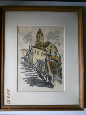 Fred Micos-&amp;quot;Sibiu-Spre Orasul de Sus&amp;quot;,gravura originala,inramata,42x35cm foto