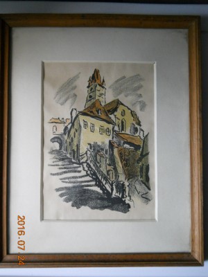 Gravura,Fred Micos-&amp;quot;Sibiu-Spre Orasul de Sus&amp;quot;,inramata,42x35cm foto