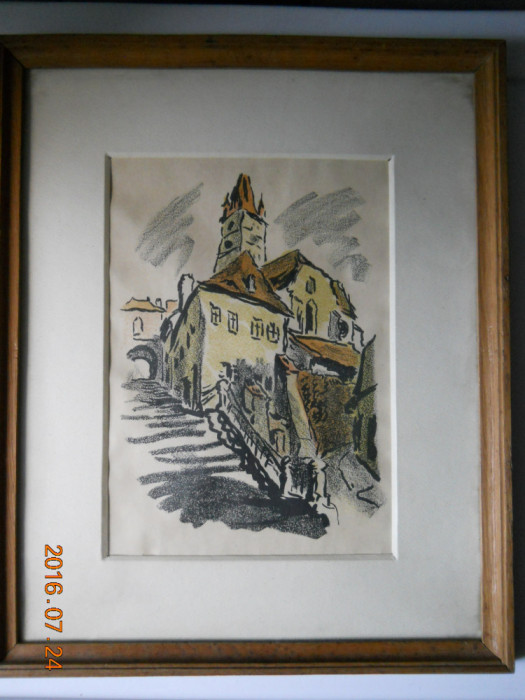 Fred Micos-&quot;Sibiu-Spre Orasul de Sus&quot;,gravura originala,inramata,42x35cm