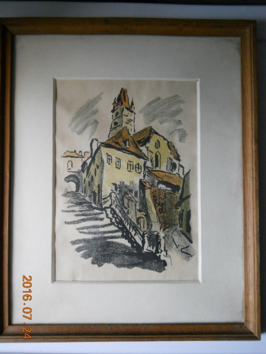 Gravura,Fred Micos-&quot;Sibiu-Spre Orasul de Sus&quot;,inramata,42x35cm