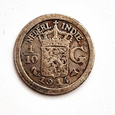 moneda argint Indiile Olandeze de est ( Indonesia ) 1/10 gulden 1914 _ km # 311