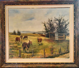 Michel MOUGIN-&quot;Peisaj cu cai&quot;, pictură pe p&acirc;nză