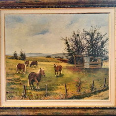 Michel MOUGIN-"Peisaj cu cai", pictură pe pânză