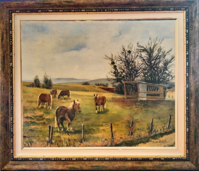 Michel MOUGIN-&amp;quot;Peisaj cu cai&amp;quot;, pictură pe p&amp;acirc;nză foto