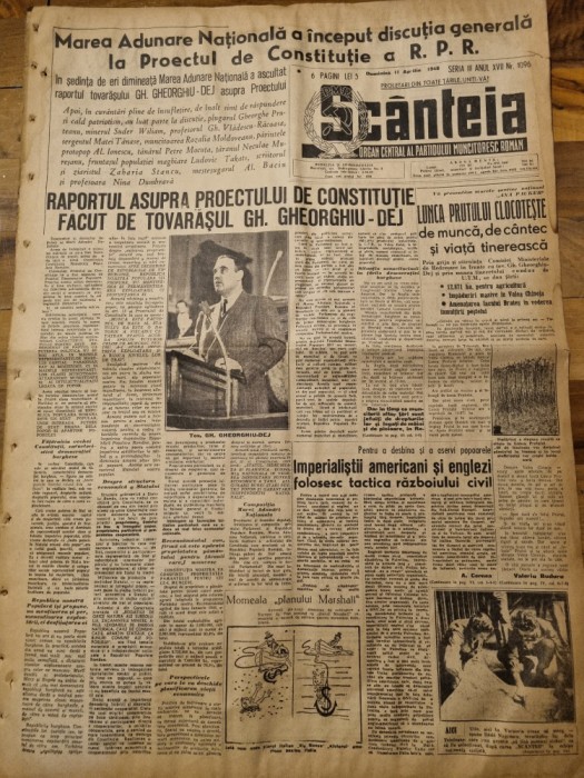 scanteia 11 aprilie 1948-cuvantarea lui gheorghiu dej,noua constitutiea tarii