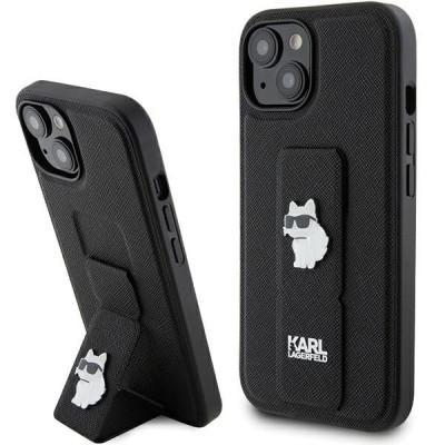 Husa MagSafe pentru Apple iPhone 15, Karl Lagerfeld, Saffiano Gripstand Choupette, Neagra foto