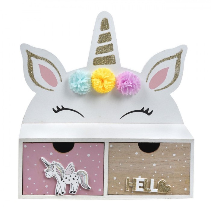 Cutie decorativa cu 2 sertare Shopiens&reg;, din lemn, model unicorn, 26 x 10 x 27 cm