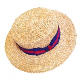 Palarie Panama Boater Hat, Panglica Rosu Albastru, din Paie, 100% Naturala, Crem