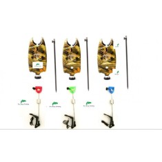 set pescuit 3 senzori /avertizori , baterii 9v cu 3 swingere cu led si 3 picheti
