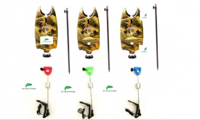 set pescuit 3 senzori /avertizori , baterii 9v cu 3 swingere cu led si 3 picheti