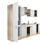 Mobilier de bucătărie Yorki 270, cu corp din stejar Sonoma și fațade albe cu finisaj satinat, cu frigider cu congelator &icirc;n partea de jos, fără blat de