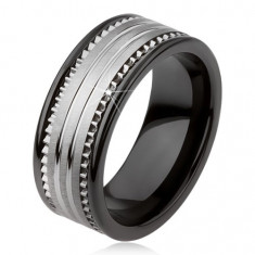 Inel din tungsten, ceramic, negru, cu suprafaţă argintie şi dungi - Marime inel: 59