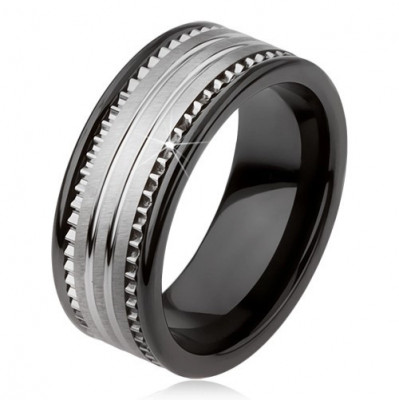 Inel din tungsten, ceramic, negru, cu suprafaţă argintie şi dungi - Marime inel: 64 foto
