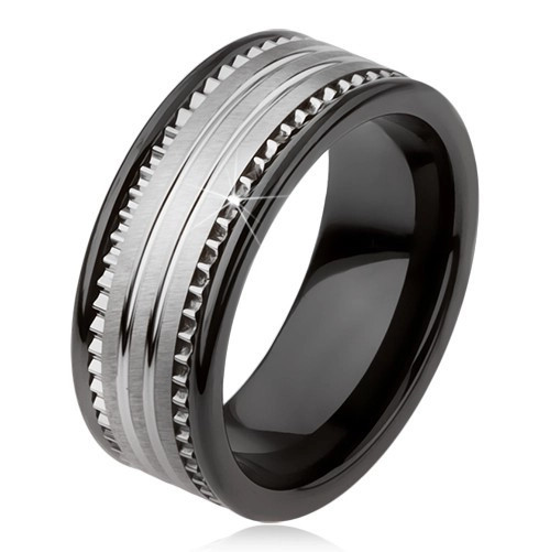 Inel din tungsten, ceramic, negru, cu suprafaţă argintie şi dungi - Marime inel: 64