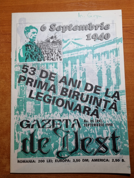 gazeta de vest septembrie 1993-53 ani de la prima biruinta legionara,horia sima