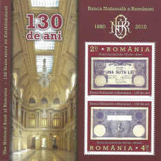|Romania, LP 1877a/2010, BNR 130 ani de la infiintare, bloc de 2 timbre, MNH