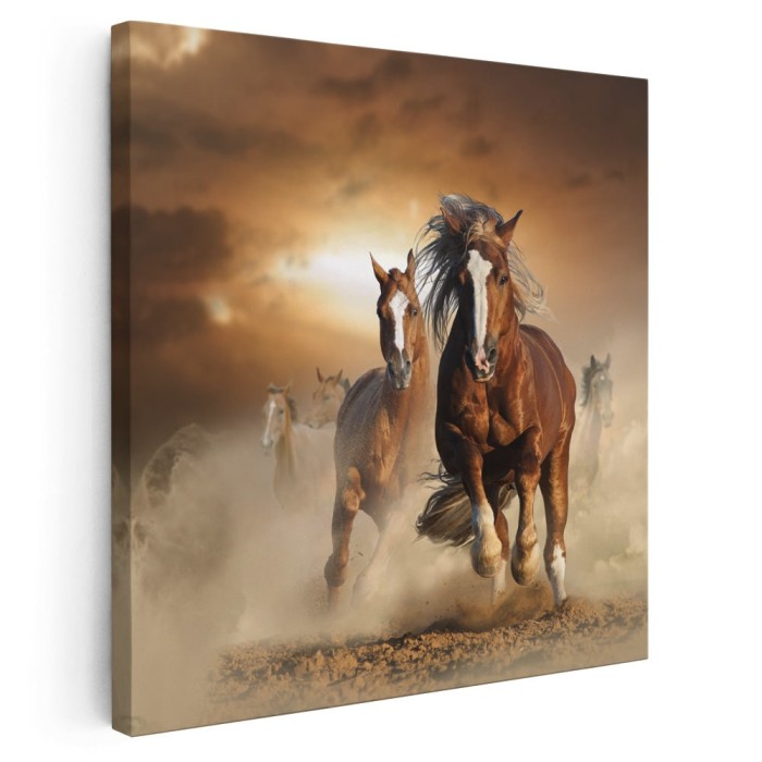 Tablou cai alergand in nor de praf, maro 1410 Tablou canvas pe panza CU RAMA 80x80 cm
