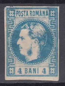 ROMANIA 1868 LP 23 REGELE CAROL I CU FAVORITI 4 BANI ALBASTRU GUMA ORIGINALA SARNIERA PROBLEME DE CALITATE SUBTIAT COLTURILE DE SUS