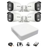 Sistem de supraveghere video 4 camere Hikvision ColorVU 5MP lumina alba 20m, DVR 4 canale, accesorii, hard disk 1TB